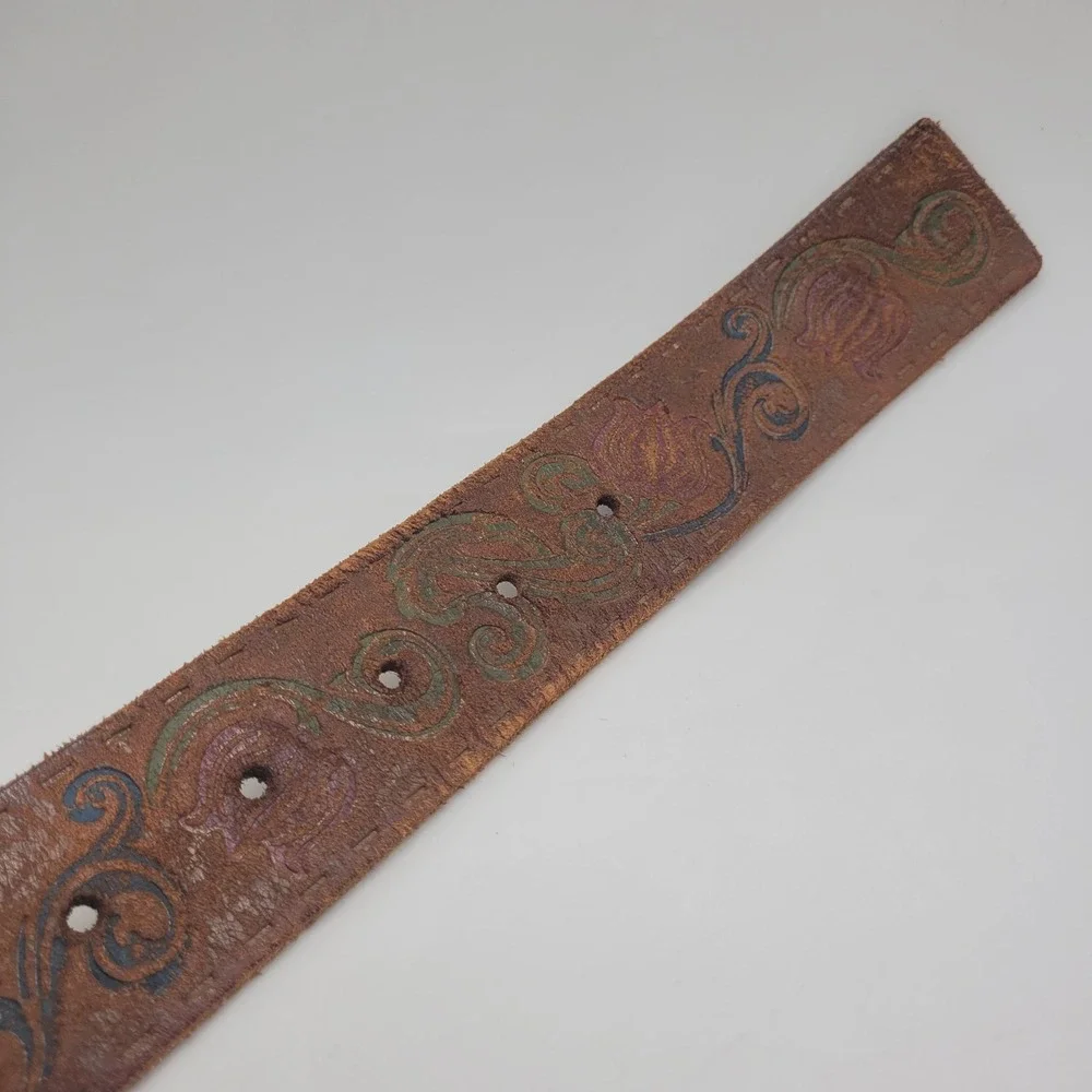 Brown Leather Belt Small Floral Tooled Distressed Western Boho Cowgirl Artisan